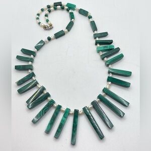 VTG Sterling Malachite & Biwa Rice Pearl Egyptian Style Bib Necklace 17” + 1.4”